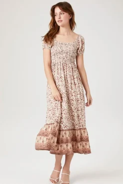 Smocked Floral Print Midi Dress