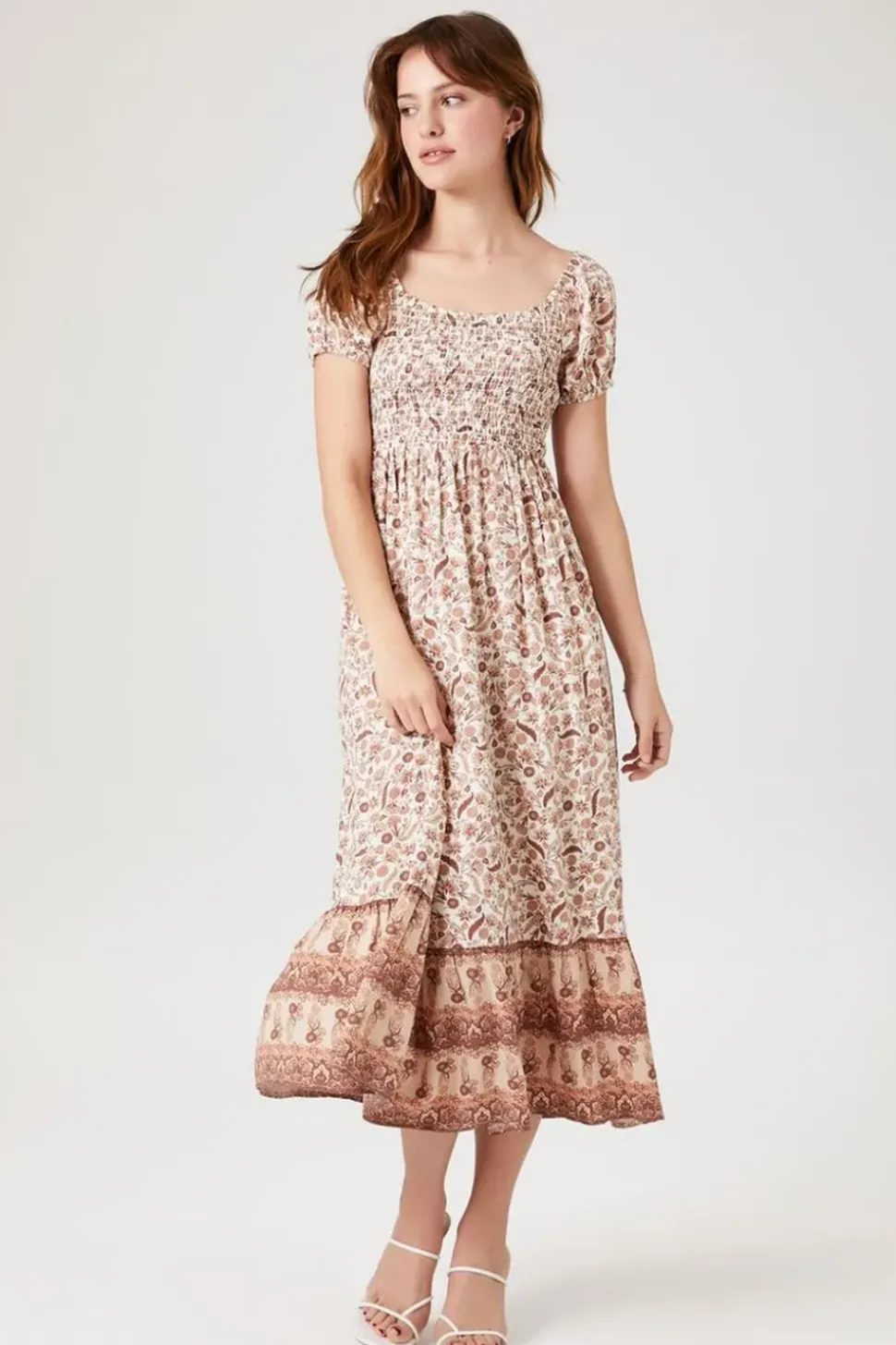 Smocked Floral Print Midi Dress