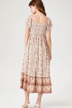 Smocked Floral Print Midi Dress