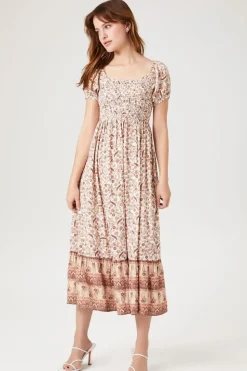 Smocked Floral Print Midi Dress