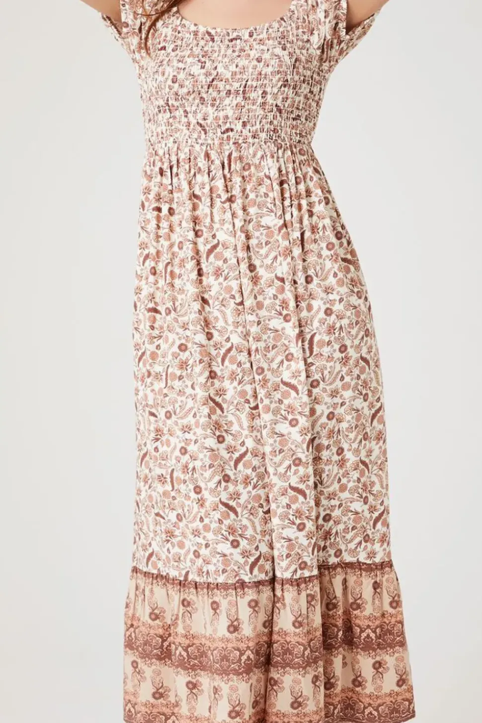 Smocked Floral Print Midi Dress