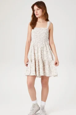 Smocked Floral Print Mini Dress