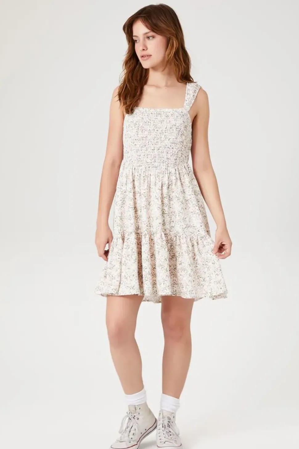 Smocked Floral Print Mini Dress