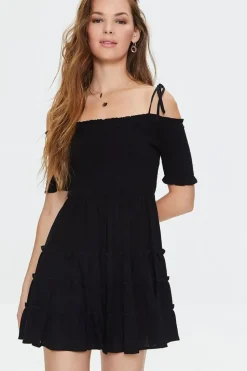 Smocked Open-Shoulder Mini Dress