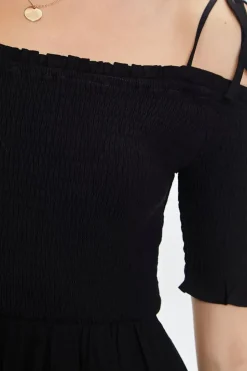 Smocked Open-Shoulder Mini Dress