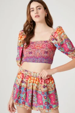 Smocked Ornate Floral Print Shorts