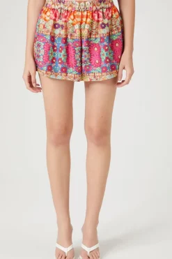 Smocked Ornate Floral Print Shorts