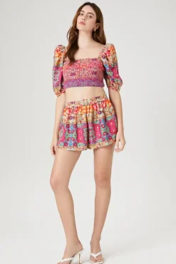 Smocked Ornate Floral Print Shorts