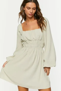 Smocked Peasant-Sleeve Mini Dress