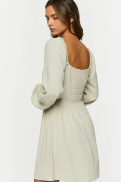 Smocked Peasant-Sleeve Mini Dress