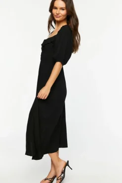 Smocked Puff-Sleeve Midi Dress