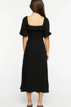 Smocked Puff-Sleeve Midi Dress