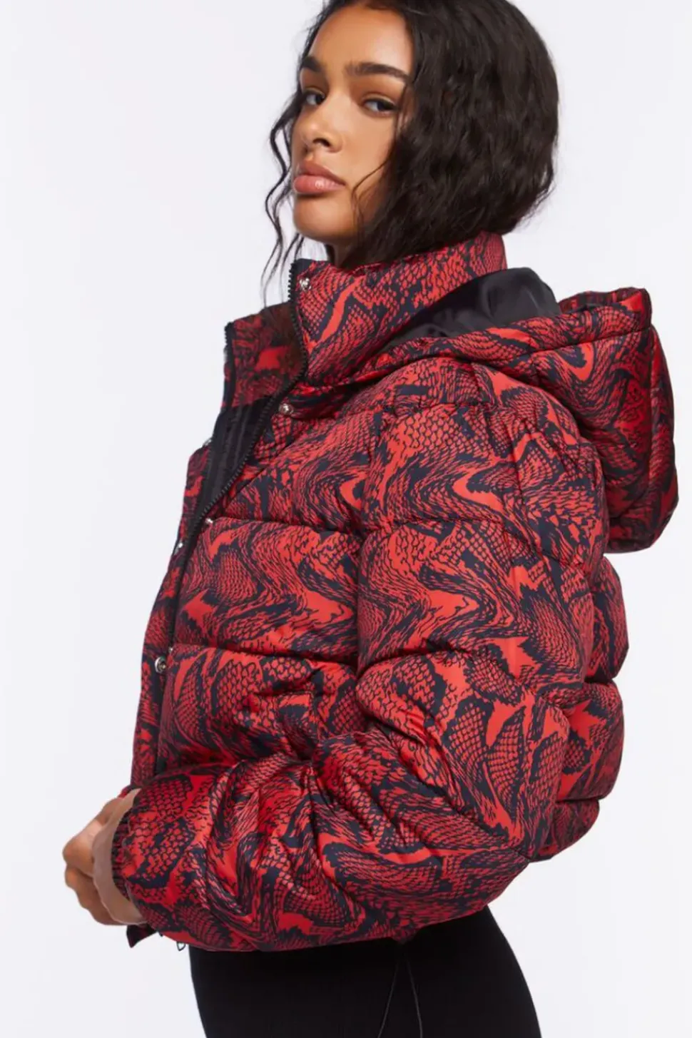 Snake Print Hooded Puffer Jacket