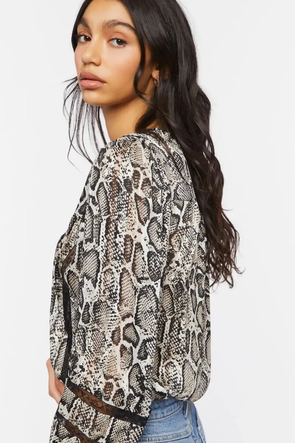 Snakeskin Peasant-Sleeve Bodysuit