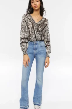 Snakeskin Peasant-Sleeve Bodysuit