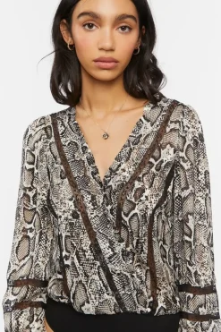 Snakeskin Peasant-Sleeve Bodysuit