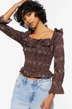 Speckled Print Trumpet-Sleeve Top