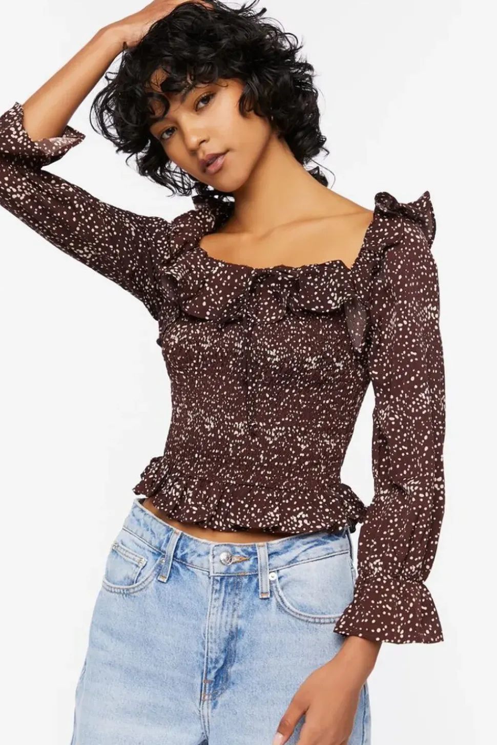Speckled Print Trumpet-Sleeve Top