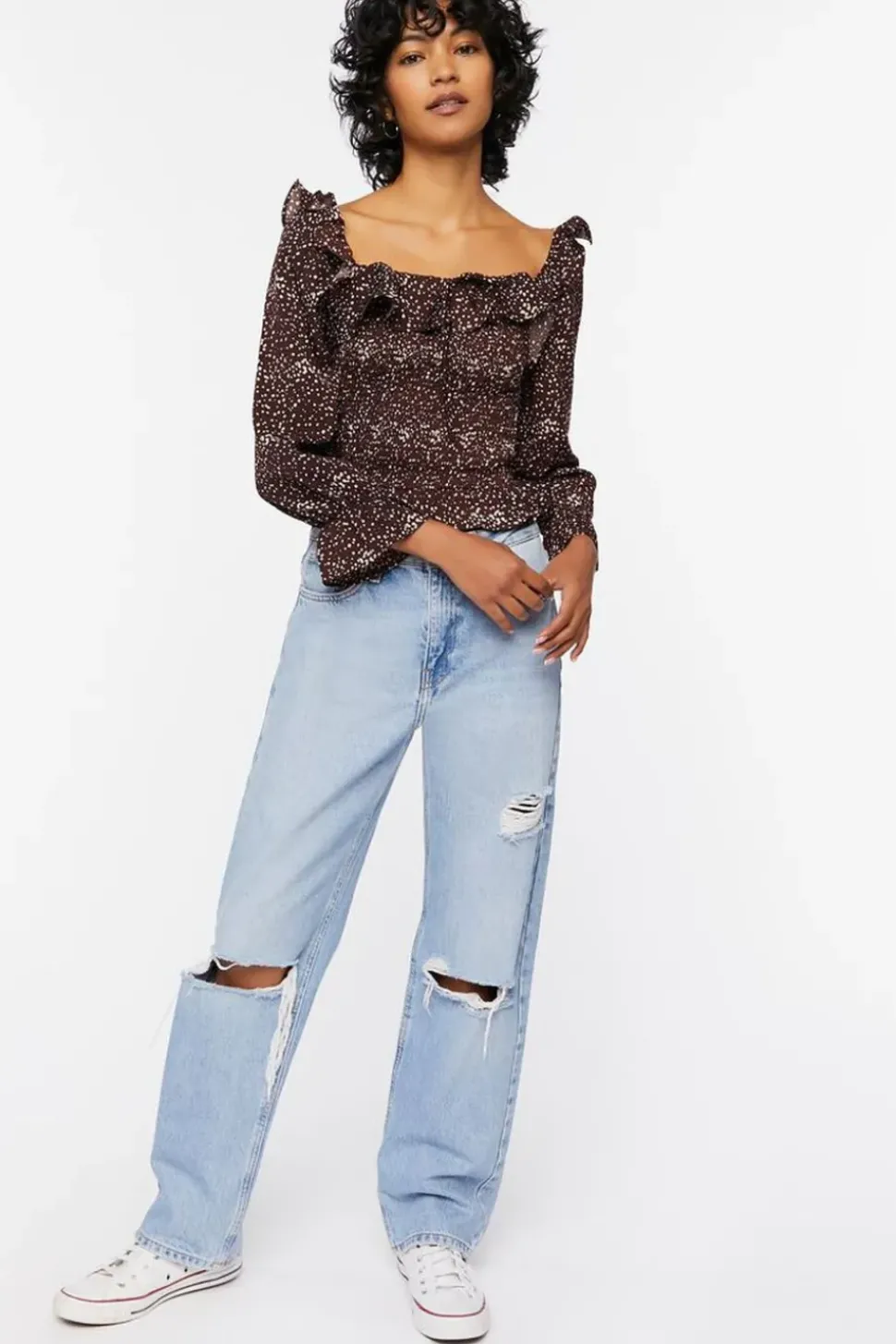 Speckled Print Trumpet-Sleeve Top