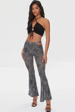 Spiral Print Mesh Flare Pants