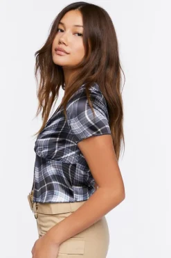 Split-Front Plaid Top