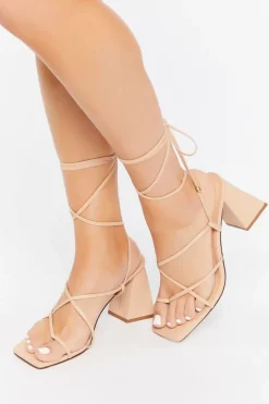 Strappy Faux Leather Lace-Up Heels