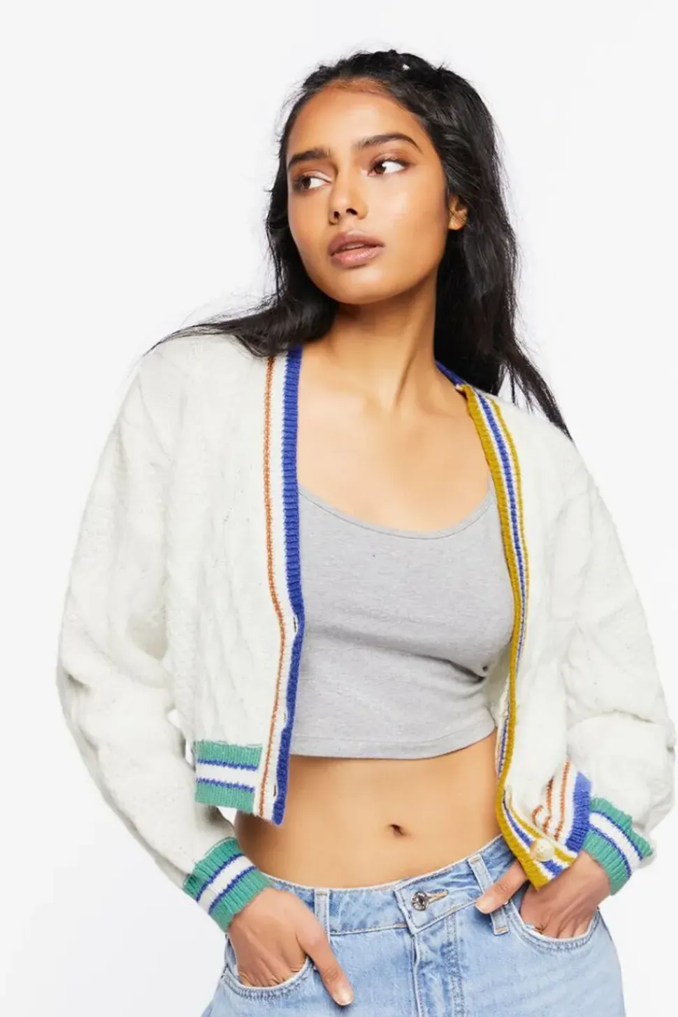 Striped-Trim Cardigan Sweater