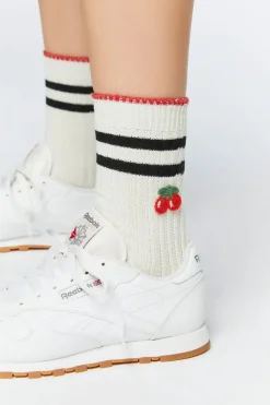 Striped-Trim Cherry Crew Socks