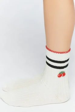 Striped-Trim Cherry Crew Socks