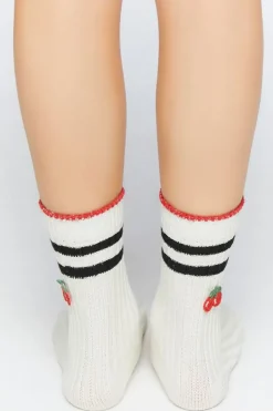 Striped-Trim Cherry Crew Socks
