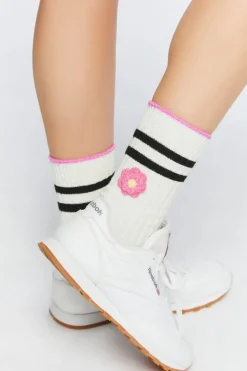 Striped-Trim Flower Crew Socks