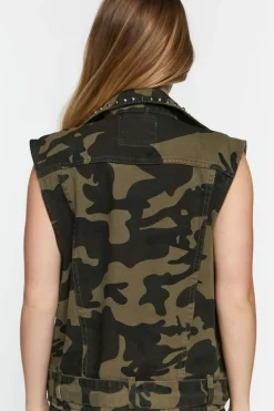 Studded Camo Denim Moto Vest