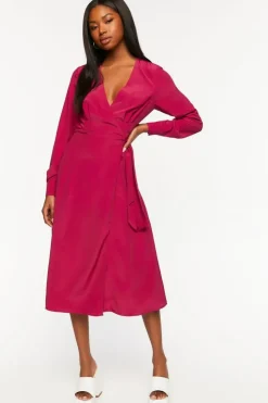 Surplice Long-Sleeve Wrap Midi Dress