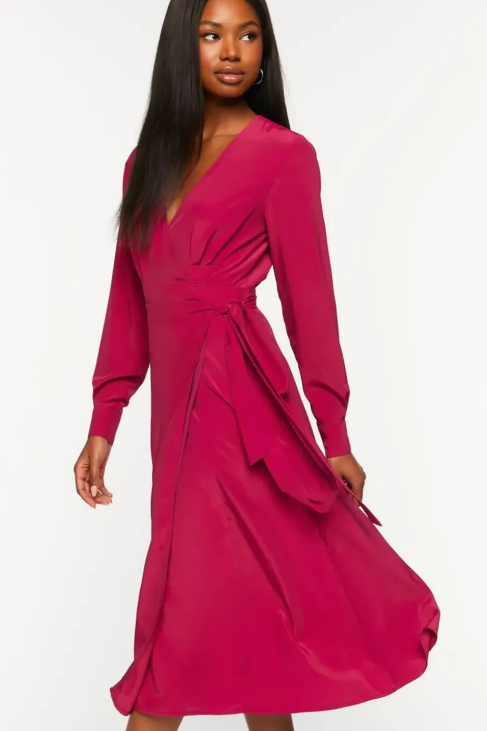 Surplice Long-Sleeve Wrap Midi Dress