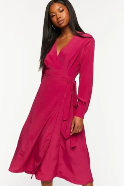 Surplice Long-Sleeve Wrap Midi Dress