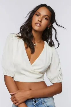 Surplice Peasant-Sleeve Crop Top