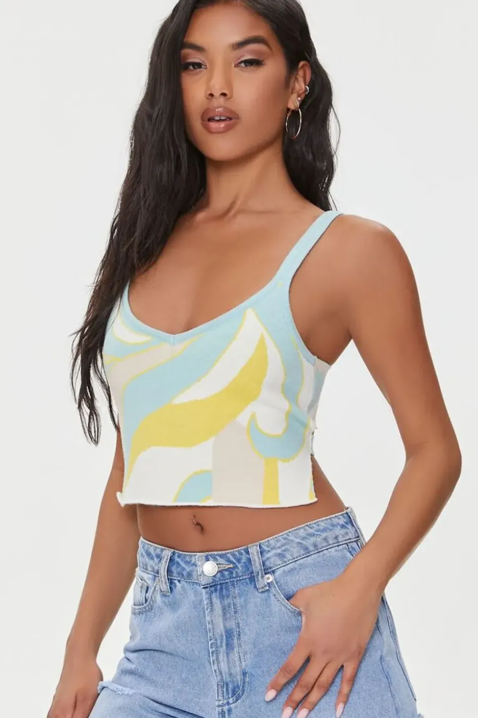 Sweater-Knit Abstract Print Crop Top