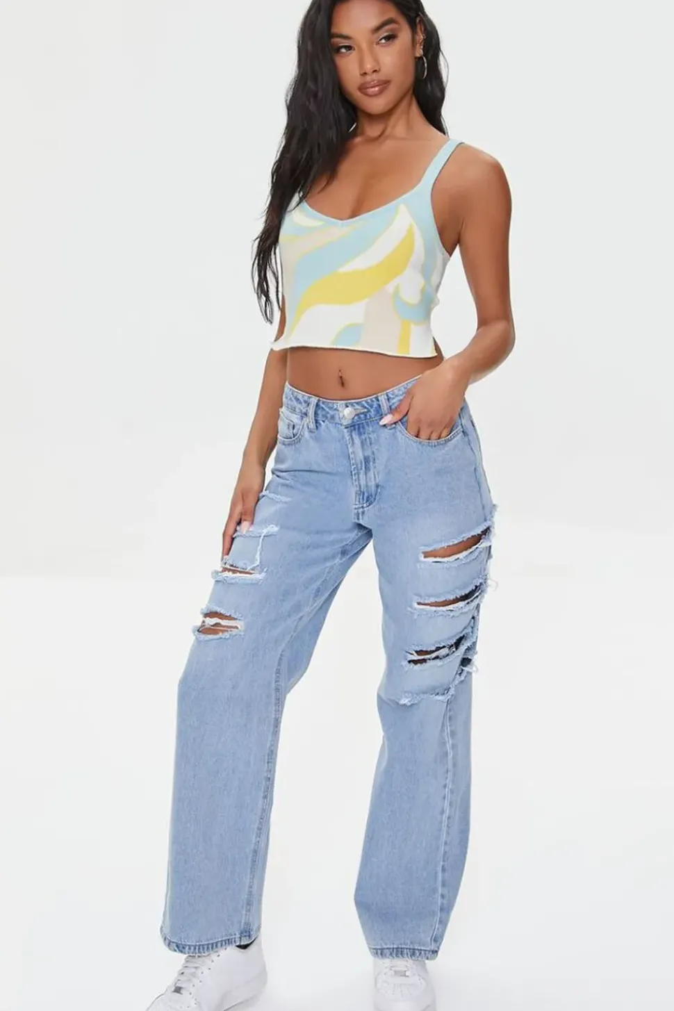Sweater-Knit Abstract Print Crop Top