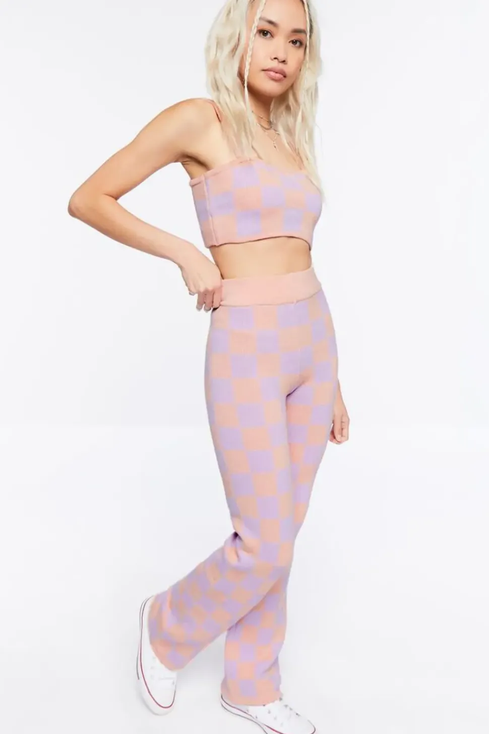 Sweater-Knit Checkered Crop Top & Pants Set
