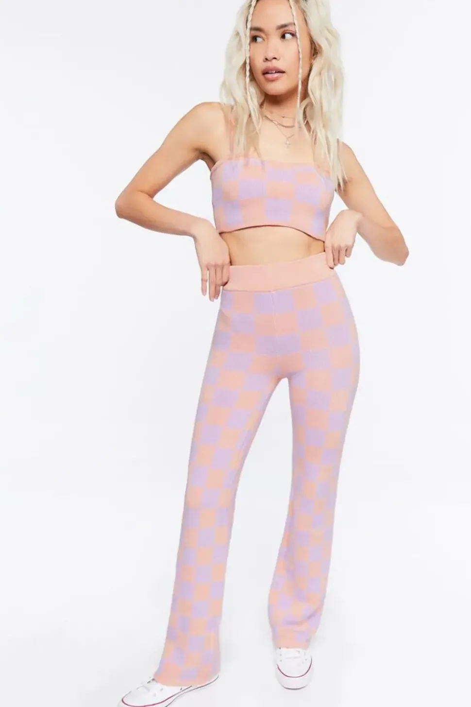 Sweater-Knit Checkered Crop Top & Pants Set
