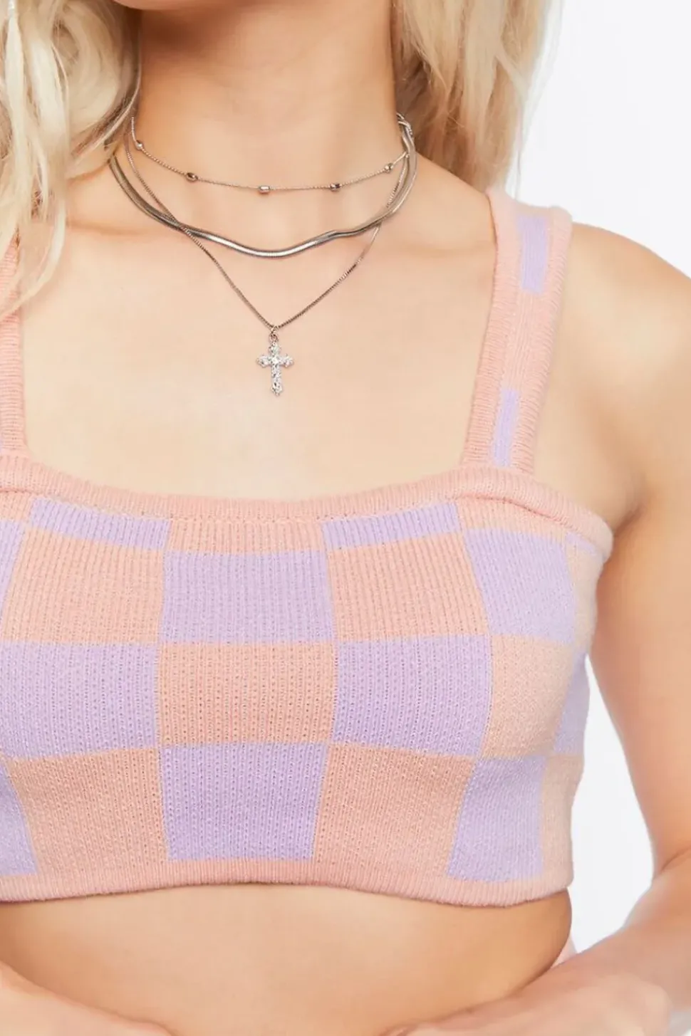 Sweater-Knit Checkered Crop Top & Pants Set