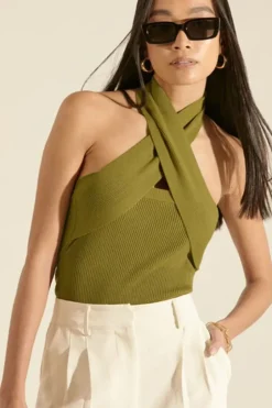 Sweater-Knit Crisscross Halter Bodysuit