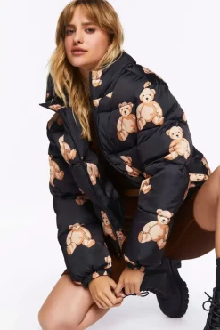 Teddy Bear Print Puffer Jacket