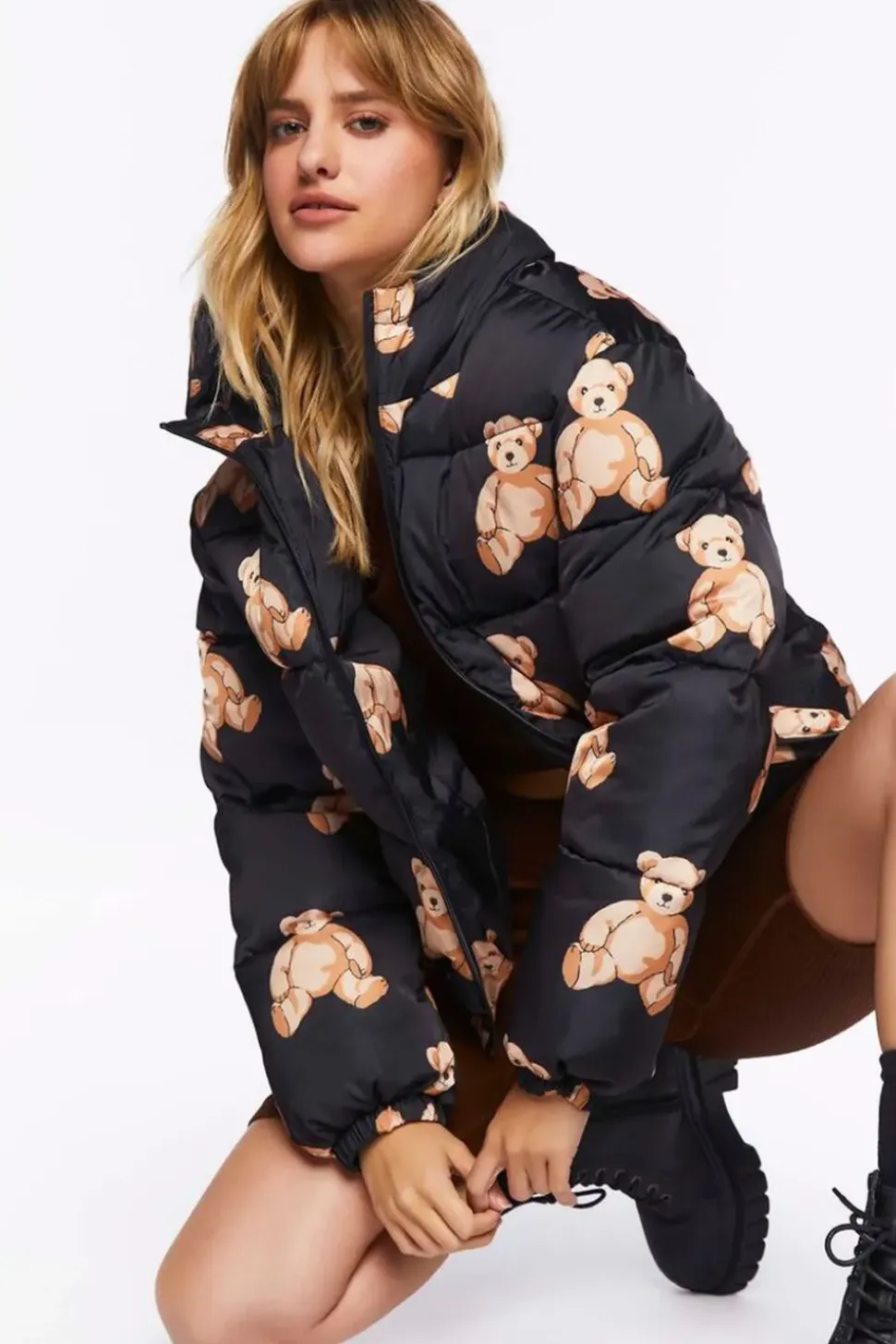 Teddy Bear Print Puffer Jacket