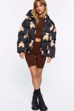 Teddy Bear Print Puffer Jacket