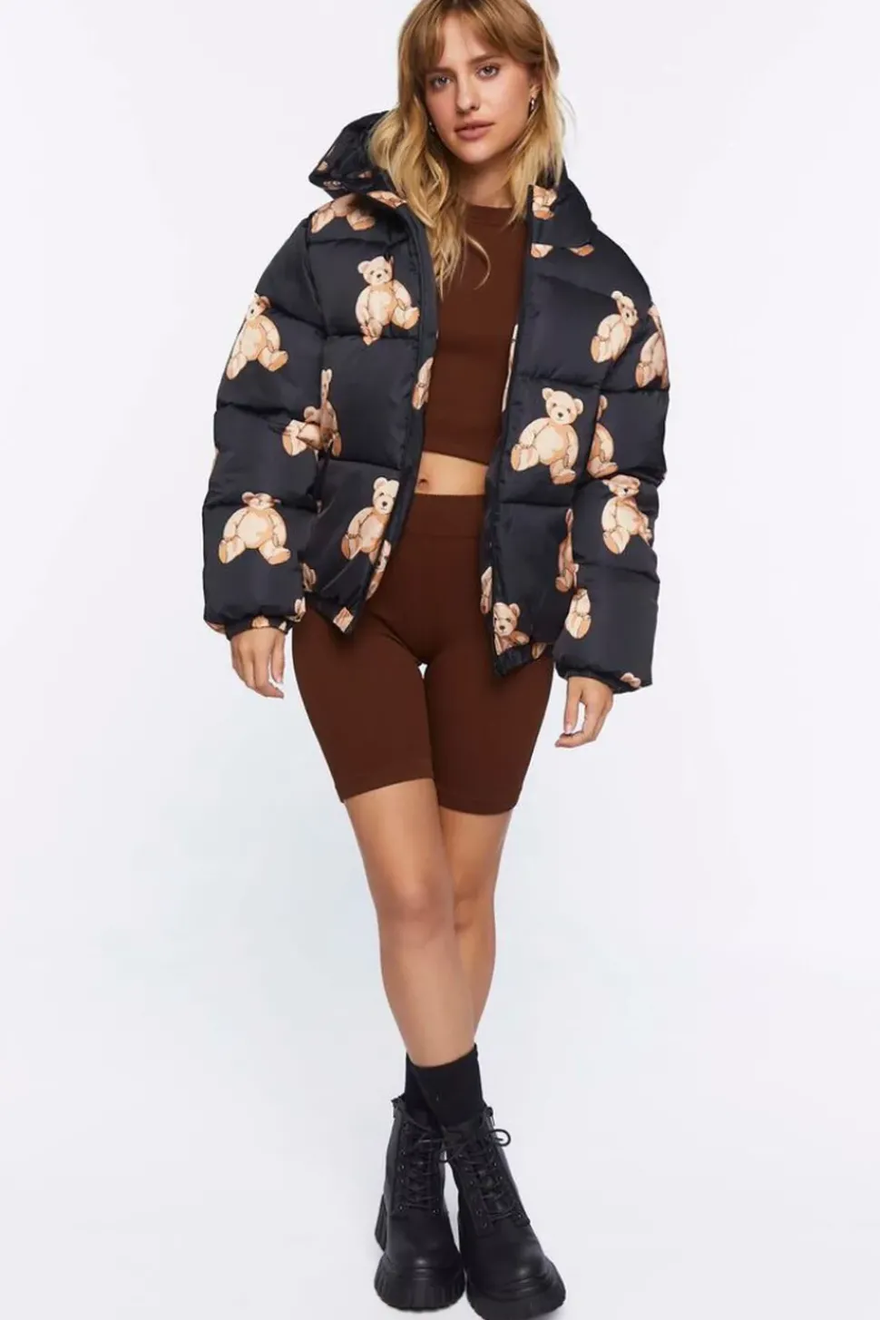 Teddy Bear Print Puffer Jacket