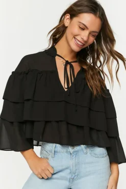 Tiered Flounce Tie-Neck Chiffon Top