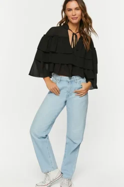 Tiered Flounce Tie-Neck Chiffon Top