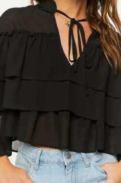 Tiered Flounce Tie-Neck Chiffon Top