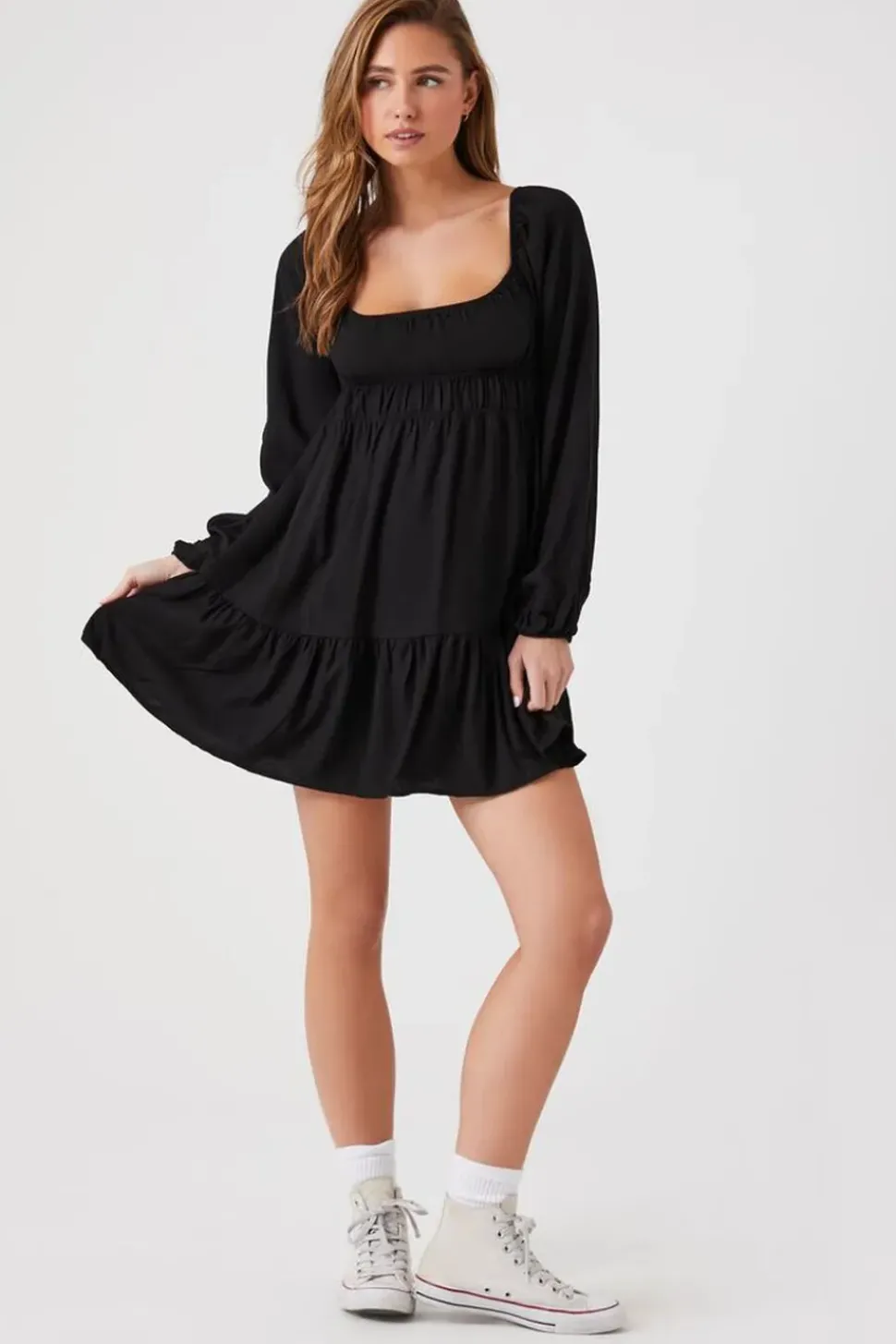 Tiered Peasant-Sleeve Mini Dress